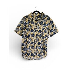 Ben Sherman Hawaiian Shirt Yellow Navy Tropical Palm Leaf Print Sz M Indie Prep